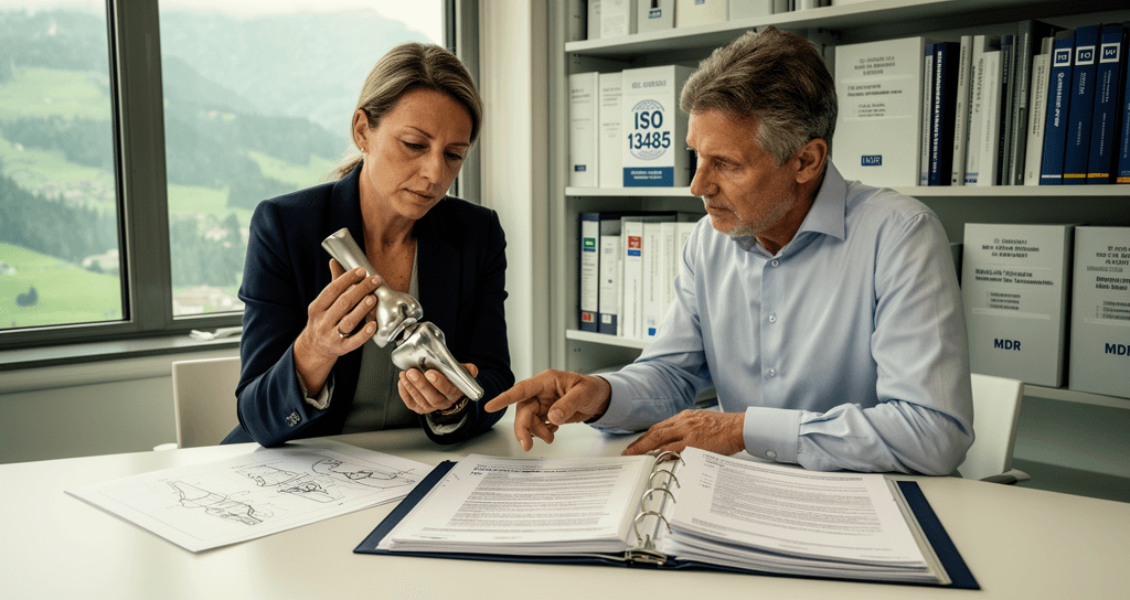 Swiss MPC consultants examining a medical device during regulatory review